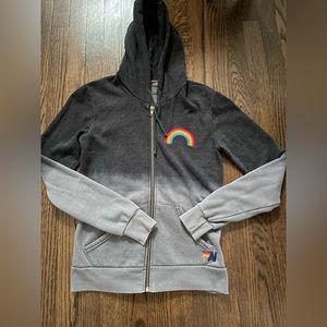 Aviator Nation zip hoodie. Grey gradient with rainbow embroidery on left chest.